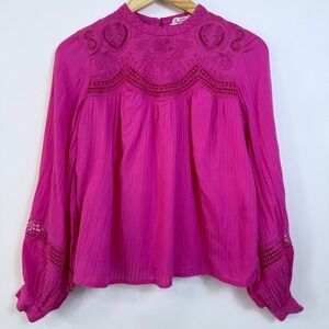by Anthropologie Harmony Hot Pink Lace Embroidered Top Size XS Boho Feminine
